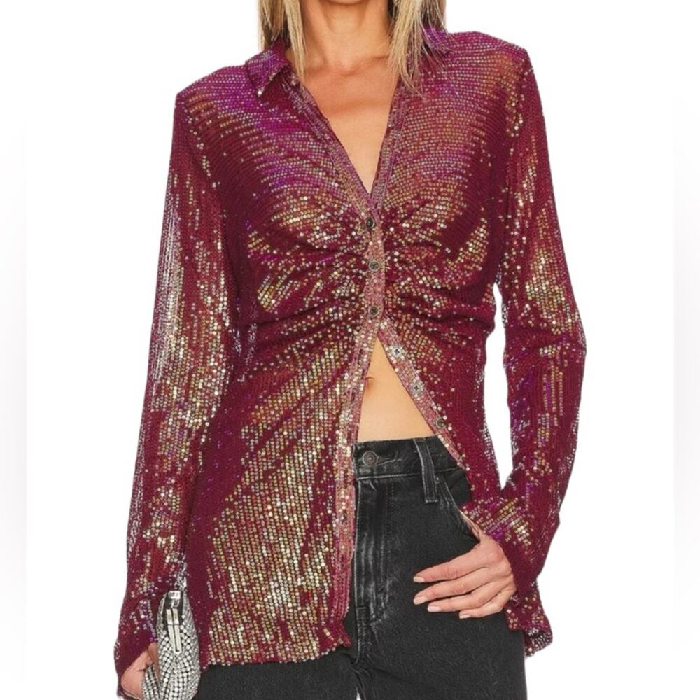Free People NWOTS Red Sequin Shirtee Button Down Burgundy Maroon Top size XS